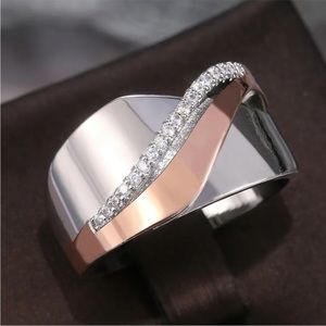 New Two Tone 925 Silver Filled Ring Charm Cubic Zircon Women Jewelry Ring